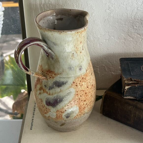 Studio Art Pottery Pitcher Handmade Vase Ivory Brown Orange Mix Speckled 9" X 5" - Picture 2 of 11